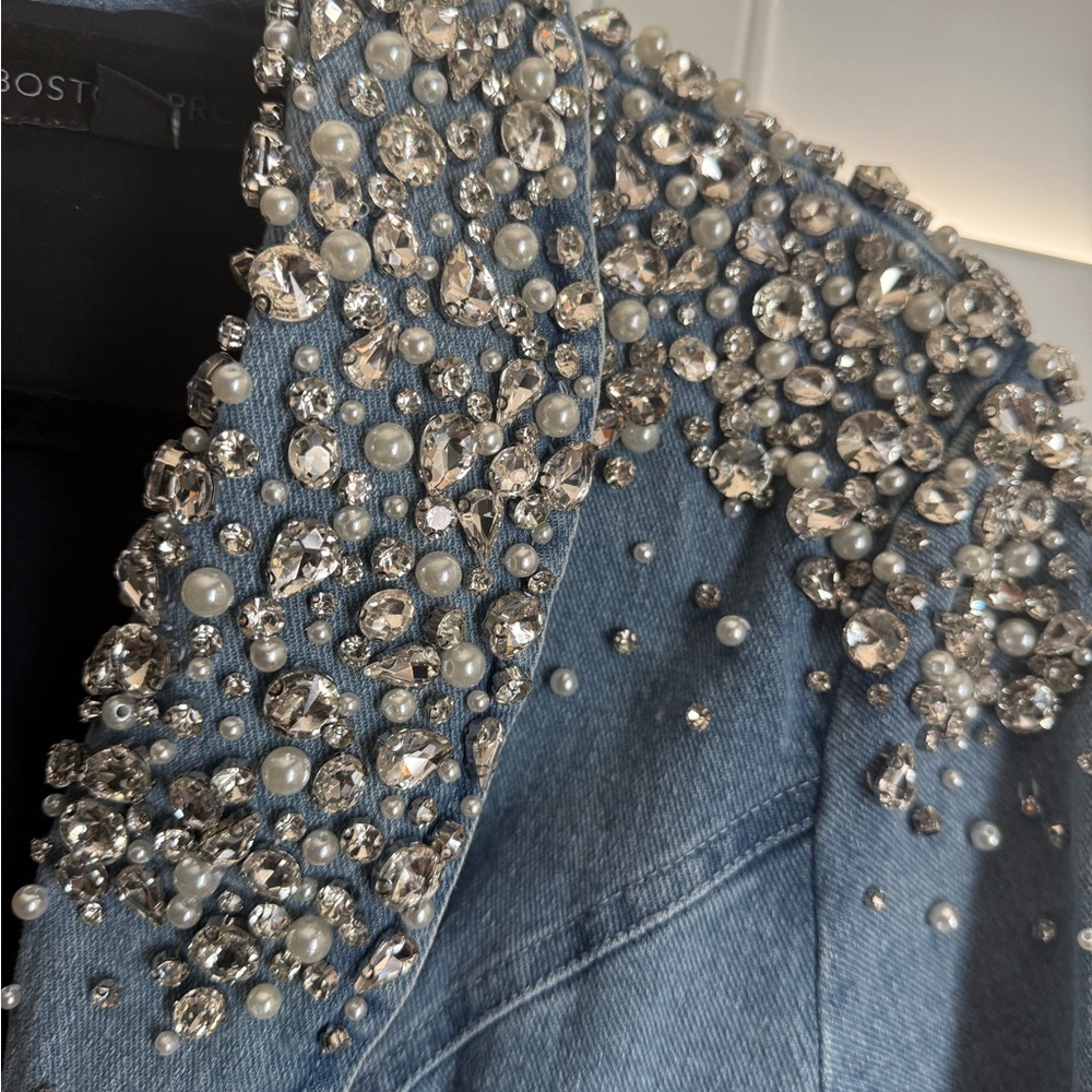 Boston Proper Light Blue Denim Jacket with Pearl & Crystal Embellishment - Picture 4 of 4
